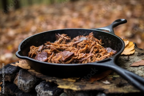 bbq pulled pork in a cast iron skillet over smoldering wood, created with generative ai