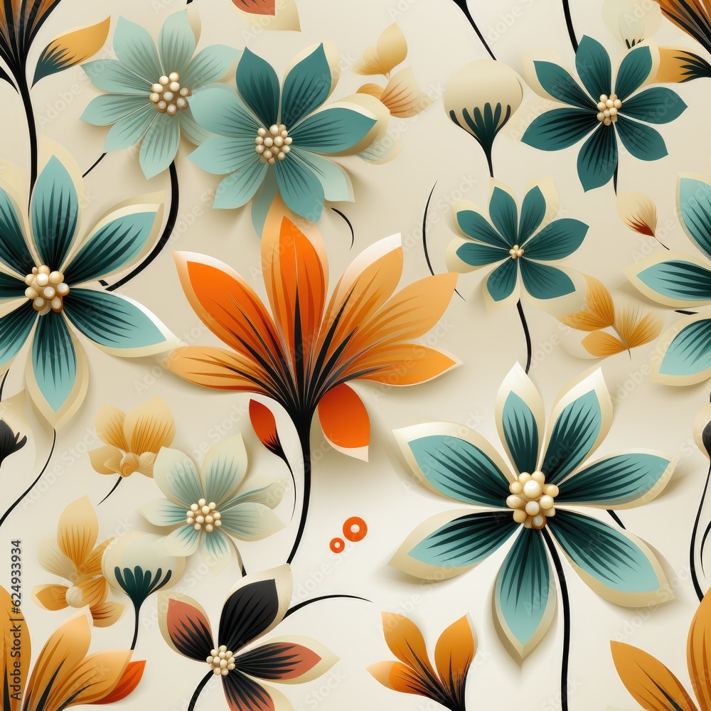 Retro flower seamless pattern wallpaper on the wall. Generative AI