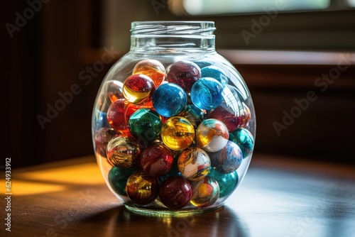 marbles in a transparent jar on a wooden table, created with generative ai