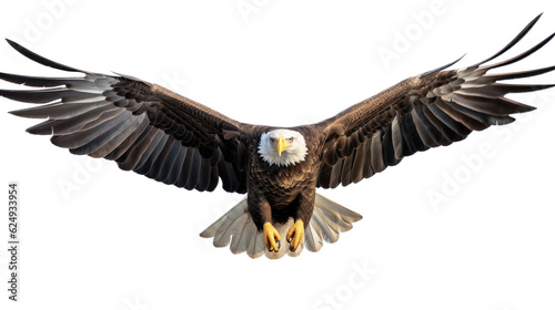 a Bald Eagle (Haliaeetus leucocephalus) in flight, full body frontal view in a  Wildlife-themed, photorealistic illustration in a PNG format, cutout, and isolated. Generative AI © Purple Penguin GFX