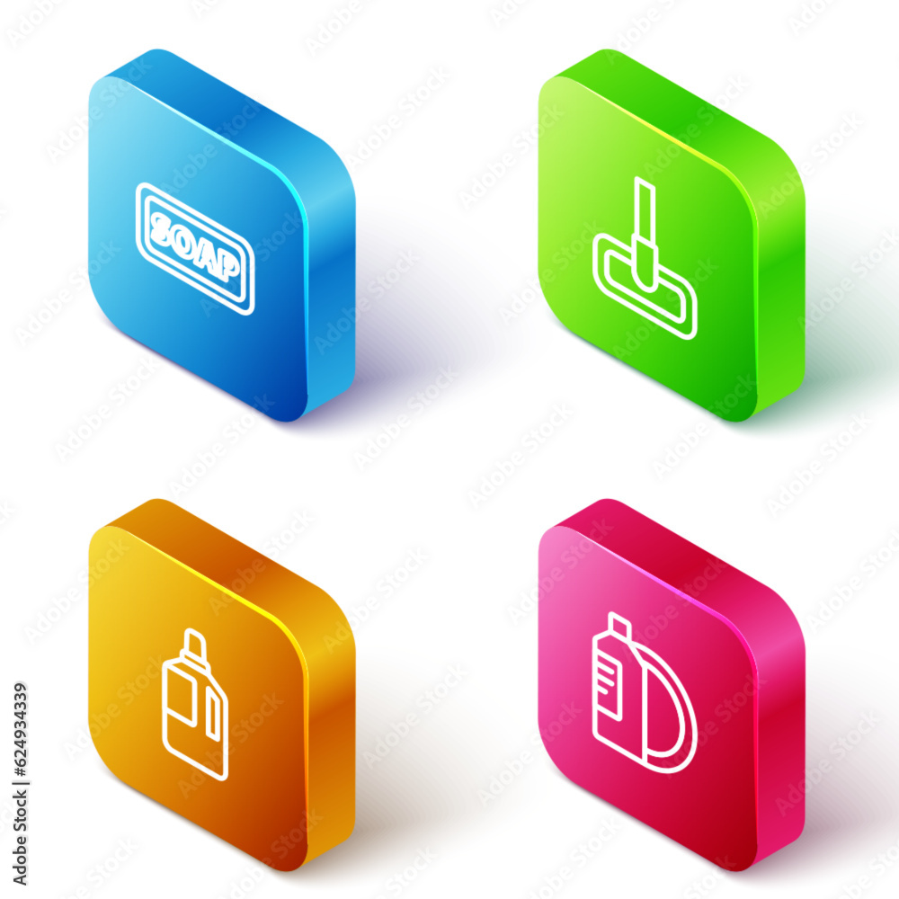 Set Isometric line Bar of soap, Mop, Fabric softener and Dishwashing liquid bottle and plate icon. Vector Set Isometric line Bar of soap, Mop, Fabric softener and Dishwashing liquid bottle and plate icon. Vector