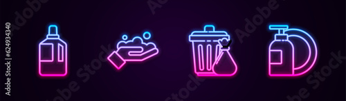Set line Fabric softener, Washing hands with soap, Trash can garbage bag and Dishwashing liquid bottle plate. Glowing neon icon. Vector
