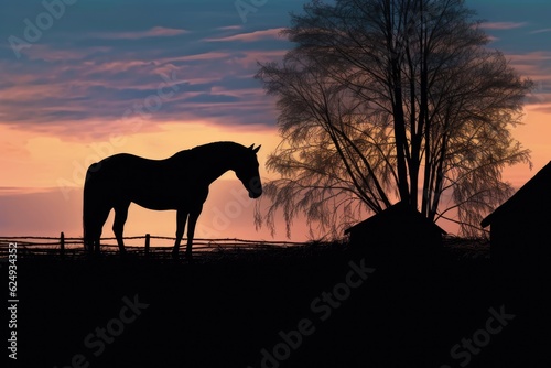 silhouette of horse eating hay at twilight, created with generative ai