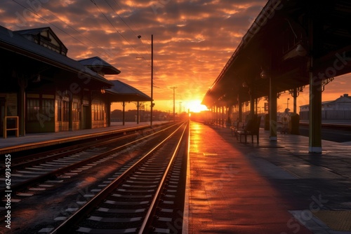 sunrise over empty train station platform, created with generative ai