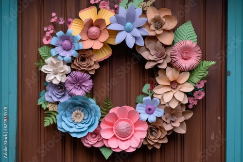 whimsical paper flower wreath on a rustic wooden door  created with generative ai