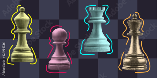 Valokuvatapetti chess pieces on chessboard background bishop pawn queen rook with doodle element