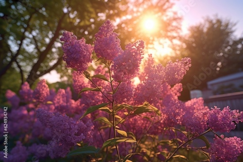 sunrays illuminating blooming lilac at sunset, created with generative ai