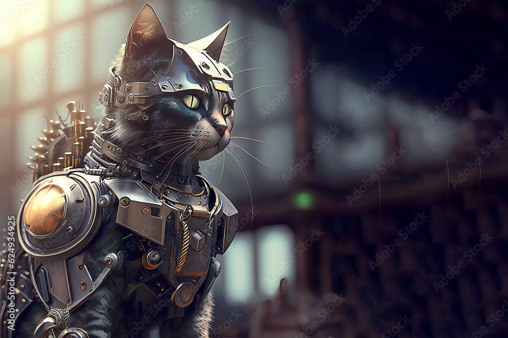 cat robot in metal armor. Warrior cat. anime. Banner. AI generated Stock  Illustration | Adobe Stock
