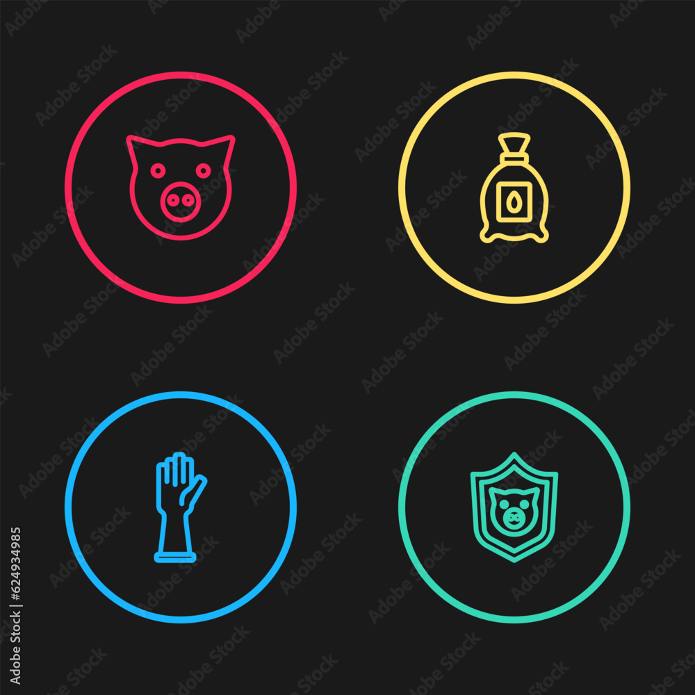 Set line Rubber gloves, Shield with pig, Pack full of seeds of plant and Pig icon. Vector Set line Rubber gloves, Shield with pig, Pack full of seeds of plant and Pig icon. Vector