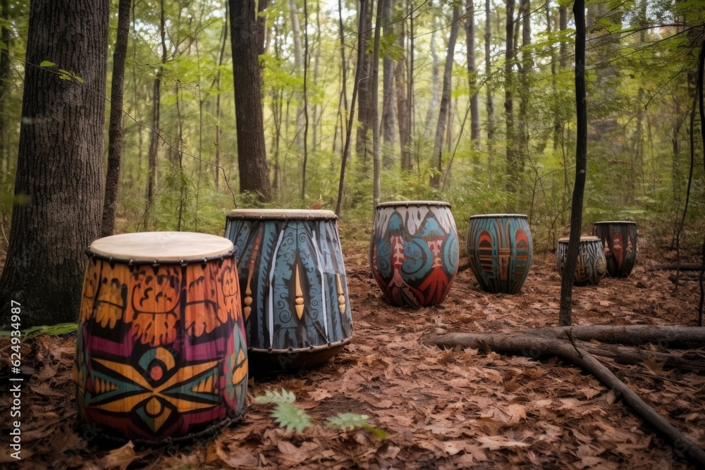Fototapeta premium painted tribal drums on a forest floor, created with generative ai