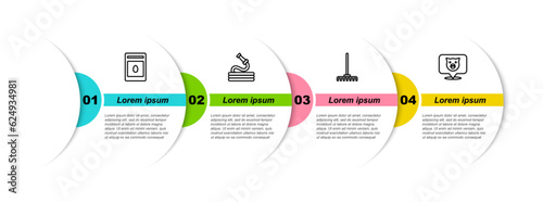 Set line Pack full of seeds of plant, Garden hose, rake and Pig. Business infographic template. Vector
