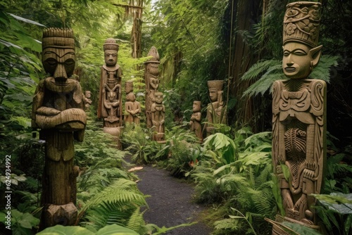 carved wooden totems amidst dense foliage, created with generative ai