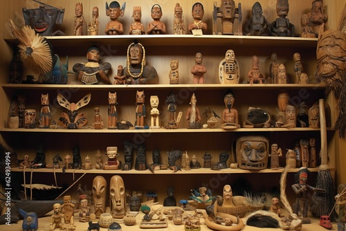 collection of uncontacted tribes artifacts on shelves, created with generative ai