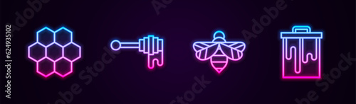 Set line Honeycomb, dipper stick with honey, Bee and . Glowing neon icon. Vector