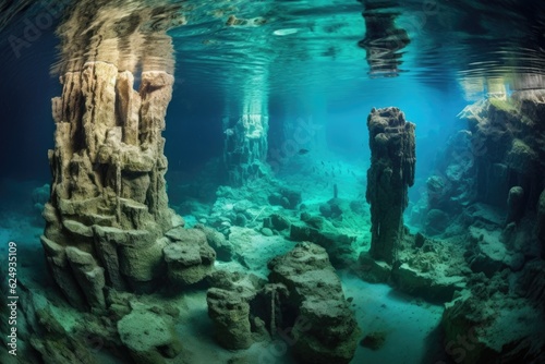 wide-angle view of mysterious cave formations underwater, created with generative ai