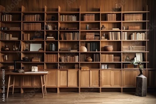 wooden wall with vintage bookcase and collection of books, created with generative ai