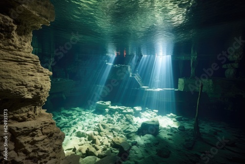 wide-angle view of an underwater cave chamber  created with generative ai