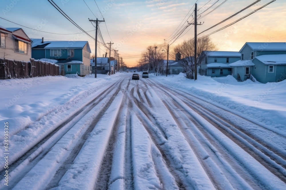 Fototapeta premium car tracks creating patterns on snowy road, created with generative ai