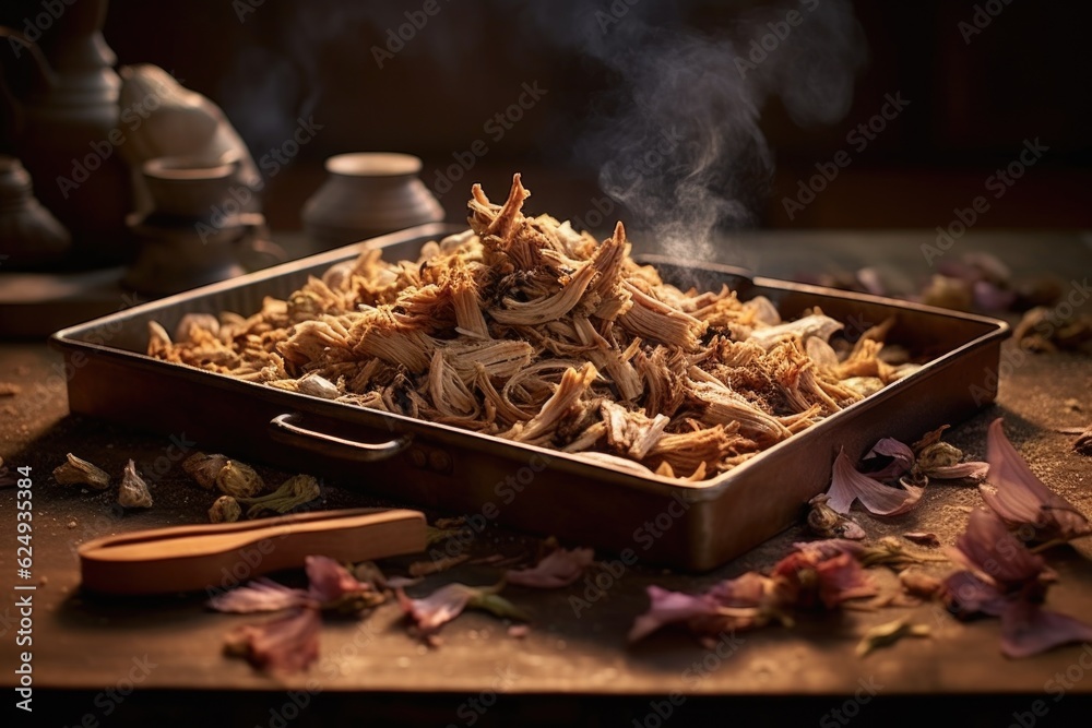 pulled pork smoking on wood chip tray, created with generative ai