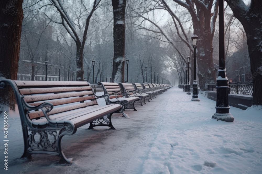 empty snow-covered park benches along street, created with generative ai