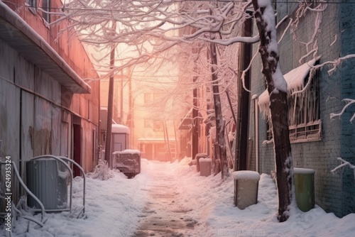 snow-covered urban alley with frosted trees, created with generative ai © altitudevisual