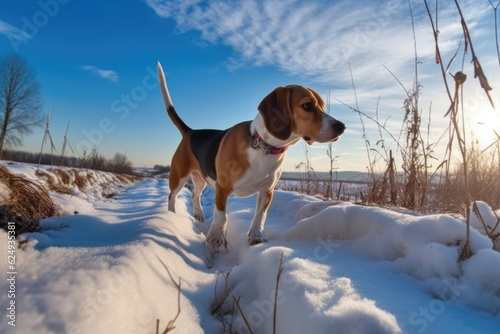 beagle walking through snow, nose down, following scent, created with generative ai