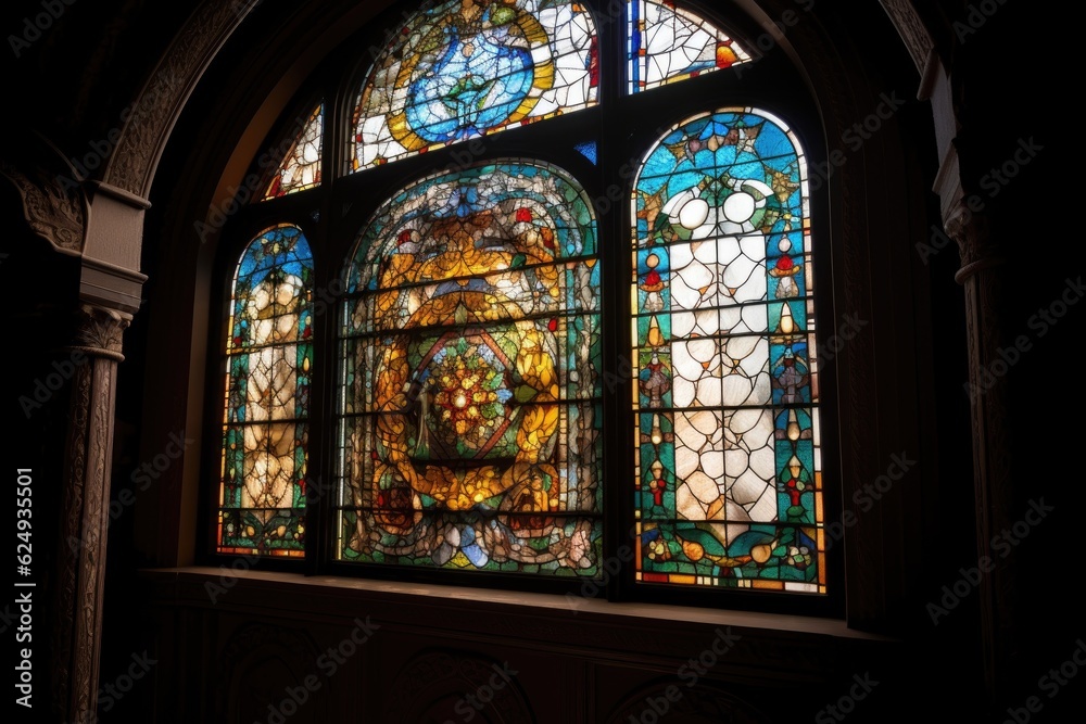 architectural detail shot of intricate stained glass window, created with generative ai