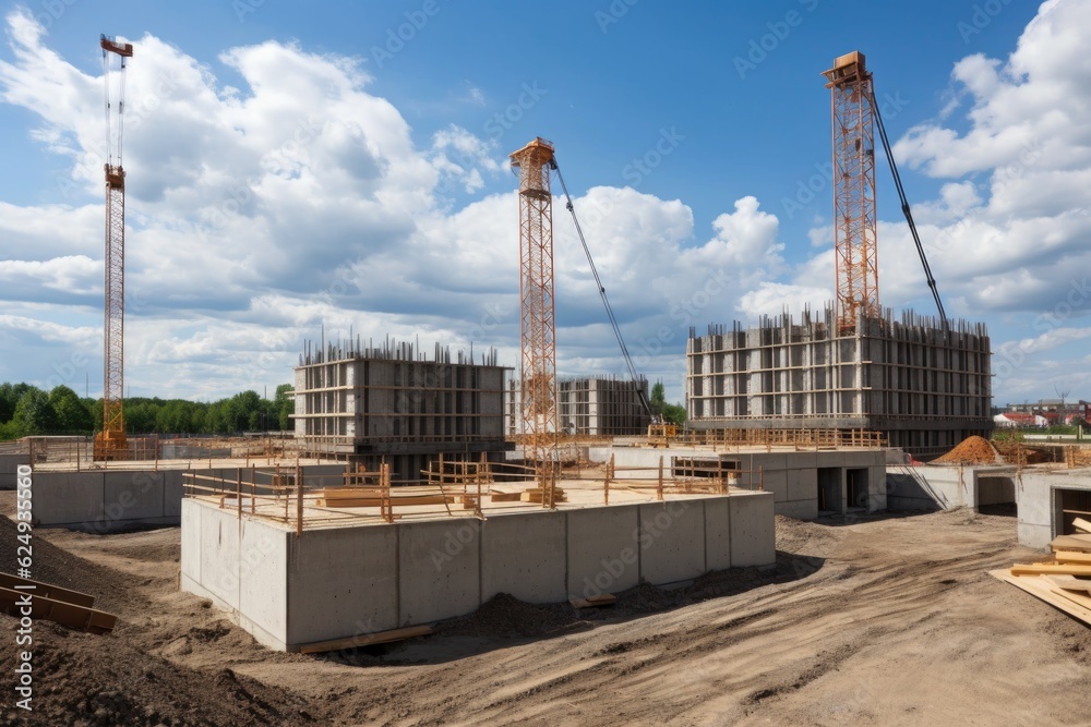 construction site with crane lifting concrete blocks in the air, created with generative ai