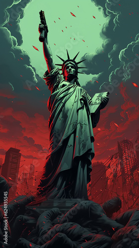 Illustration of the Statue Of Liberty in post apocalyptic setting, with modern handgun in her hand, depicting fight for the freedom and democracy, created with Generative AI technology