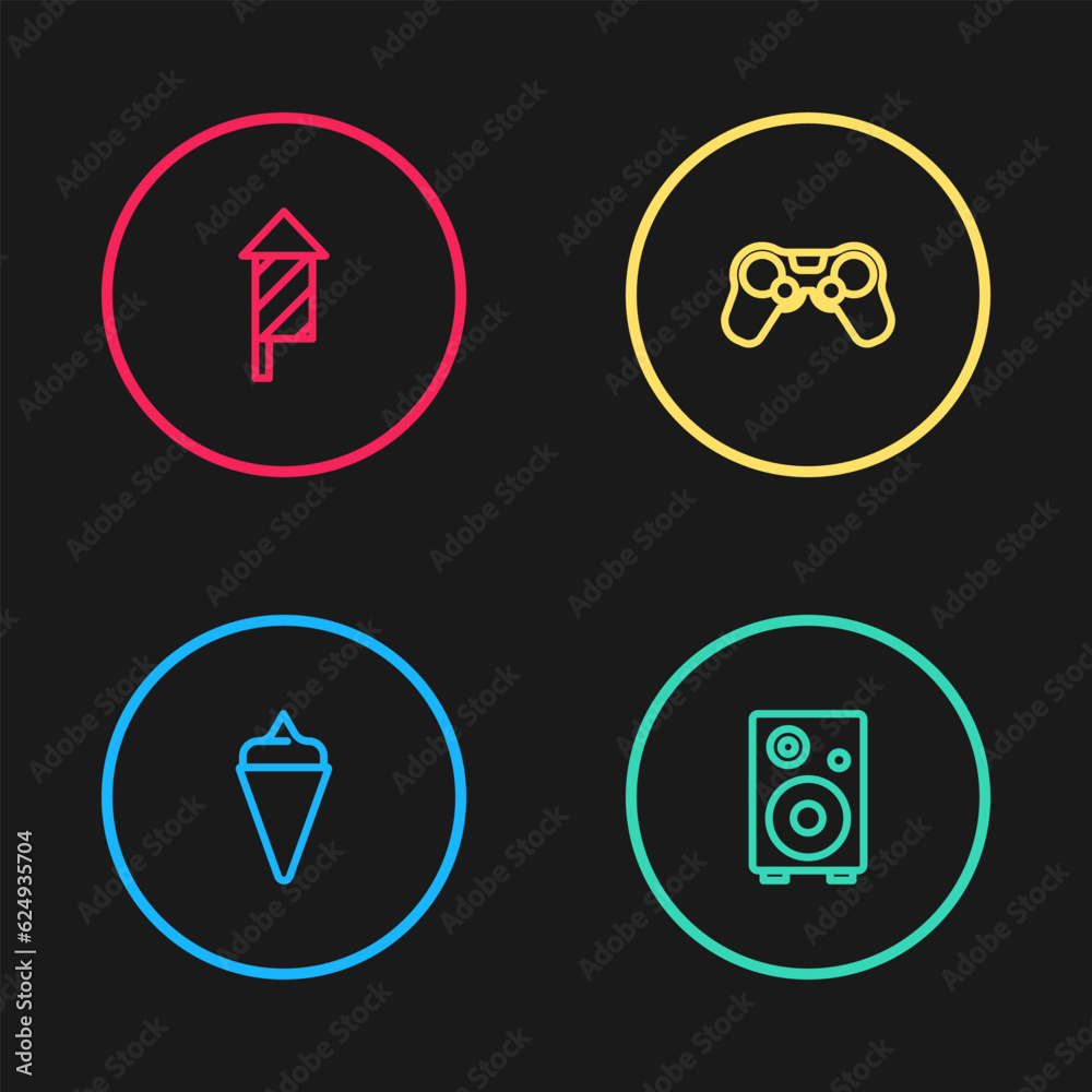 Set line Ice cream in waffle cone, Stereo speaker, Gamepad and Firework rocket icon. Vector Set line Ice cream in waffle cone, Stereo speaker, Gamepad and Firework rocket icon. Vector