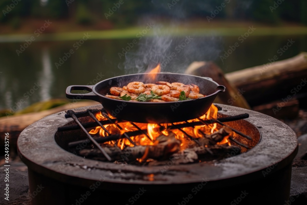 grilling shrimp with smoky campfire in the backdrop, created with generative ai grilling shrimp with smoky campfire in the backdrop, created with generative ai