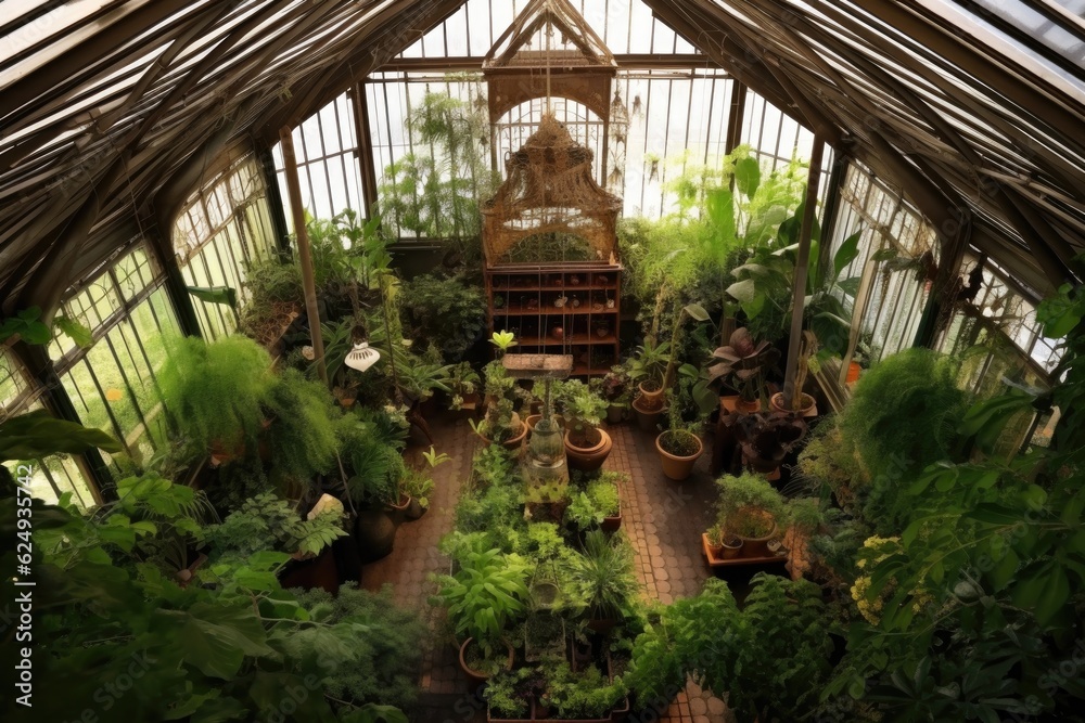 top view of a victorian greenhouse with symmetrical plant arrangement, created with generative ai