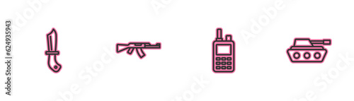 Set line Military knife, Walkie talkie, Submachine gun and tank icon. Vector