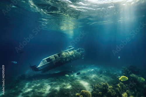 dramatic underwater shot of capsized boat, created with generative ai