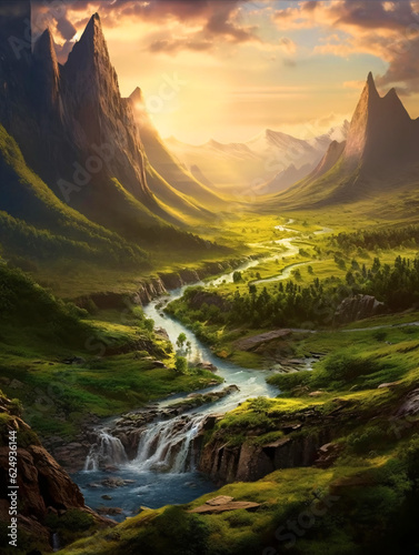 Majestic Waterfalls and Mountains in a Scenic Valley