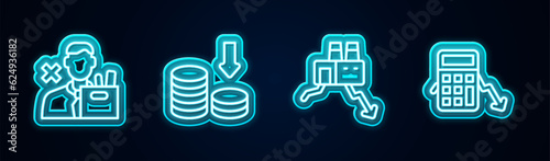 Set line Employee dismissal, Dollar rate decrease, Shutdown of factory and Calculation expenses. Glowing neon icon. Vector
