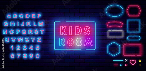 Kids room neon label. Play zone. Handwritten colorful text. Glowing advertising. Vector stock illustration