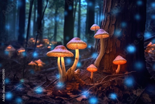 glowing mushrooms on forest floor at night, created with generative ai