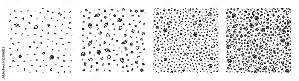 Vector doodle seamless pattern set. Tiny elements hand drawn hearts, lips, kisses, speech bubbles, letters and geometric items background. Tiny elements repeatable backdrops. Vector doodle seamless pattern set. Tiny elements hand drawn hearts, lips, kisses, speech bubbles, letters and geometric items background. Tiny elements repeatable backdrops.