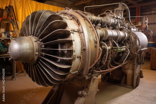 vintage airplane engine exposed during restoration, created with generative ai