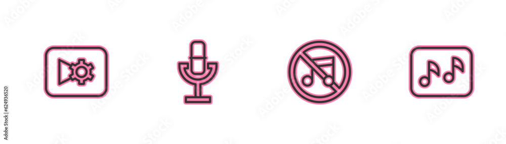 Set line Music or video settings, Speaker mute, Microphone and note, tone icon. Vector Set line Music or video settings, Speaker mute, Microphone and note, tone icon. Vector