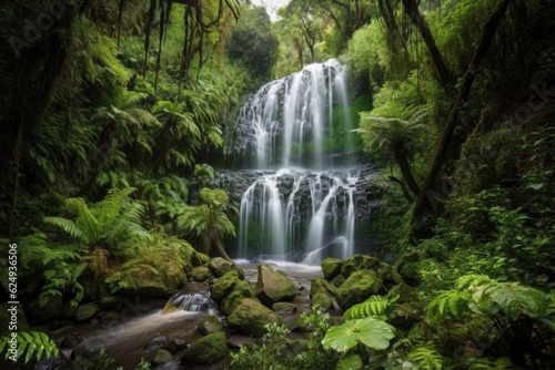 majestic waterfall with cascading water flow, surrounded by lush greenery, created with generative ai