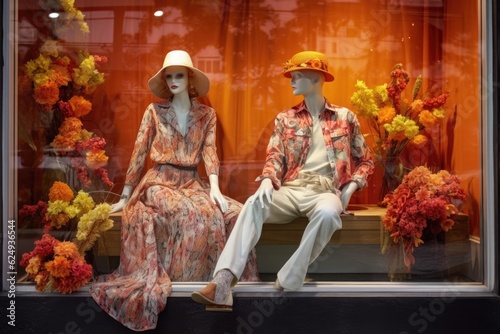 mannequins dressed in trendy seasonal outfits in a stylish window display, created with generative ai