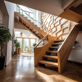 un escalier en bois dans une maison design - IA Generative