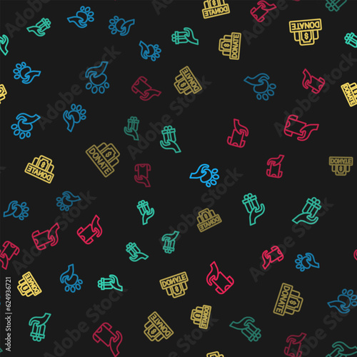 Set line Animal volunteer, Give gift, Donation and charity and Clothes donation on seamless pattern. Vector
