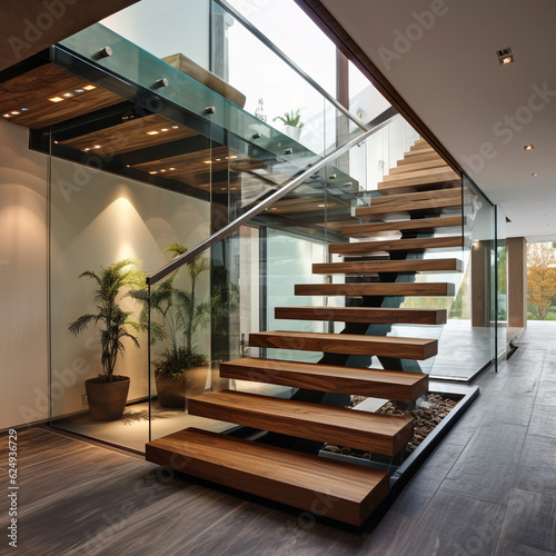 Obraz na płótnie escalier design en bois dans une maison de luxe - IA Generative w salonie