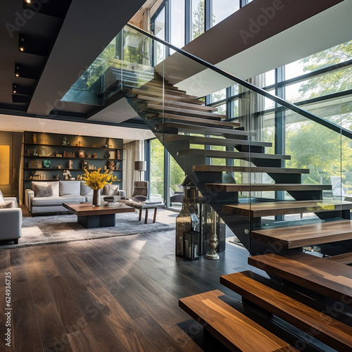 Leinwand Poster escalier design dans une maison de luxe - IA Generative
