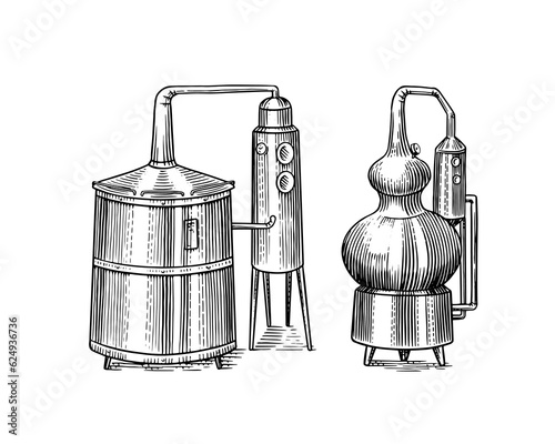 Distilled alcohol. Device for preparing tequila, cognac and spirits. Engraved hand drawn vintage sketch. Woodcut style. Vector illustration for menu or poster.
