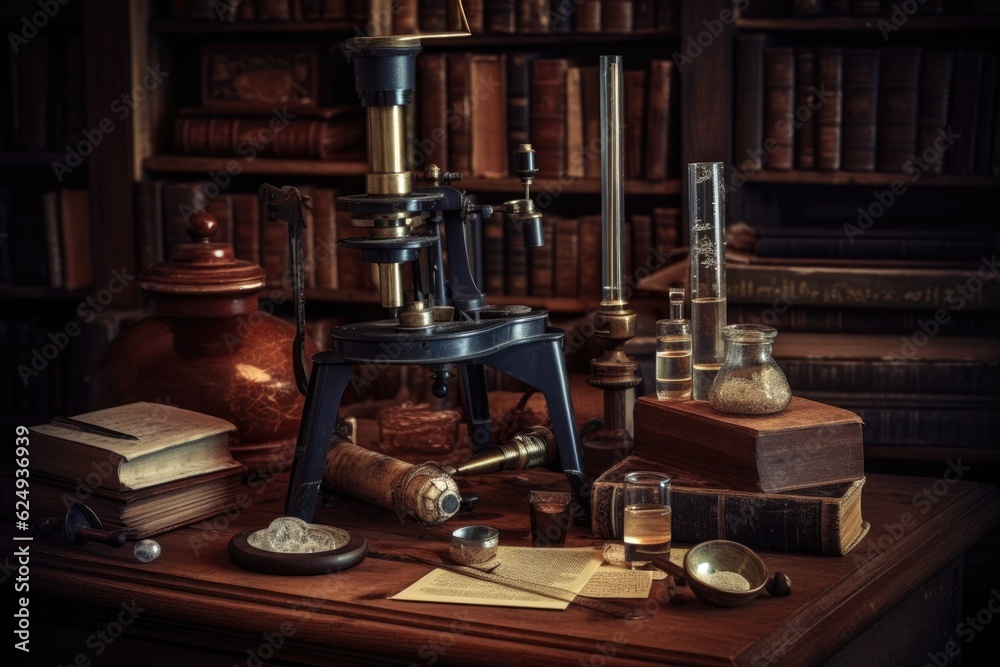 antique microscope on wooden table with old books, created with generative ai