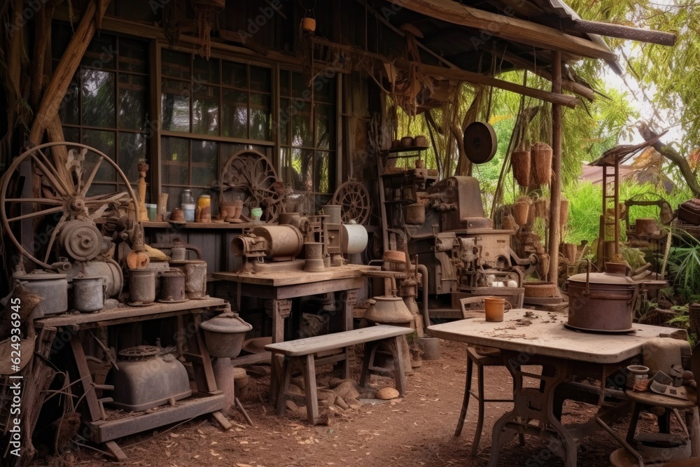Fototapeta premium rustic coffee farm with old machinery and tools, created with generative ai